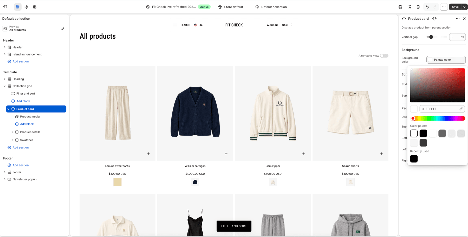 Fit Check theme editor showing the Product card block selected on the Default collection template with the default soft gray background.