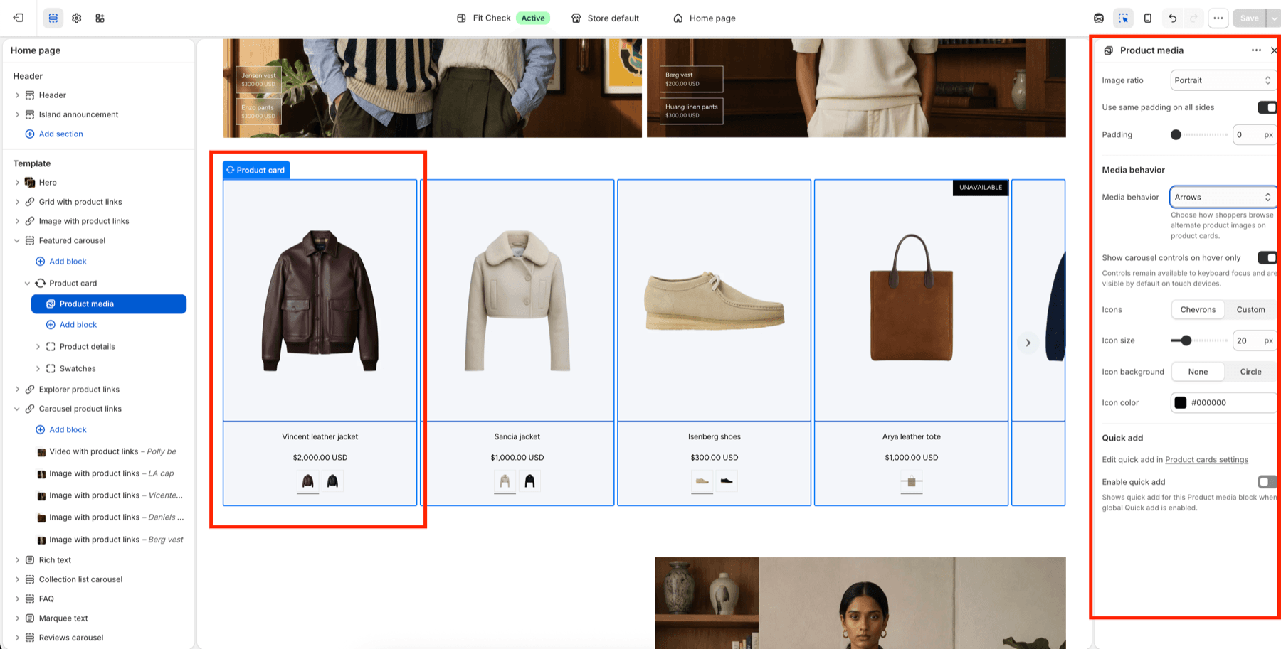 Fit Check theme editor showing Product media selected with Image ratio, Media behavior set to Arrows, hover-only carousel controls, icon settings, and Quick add.